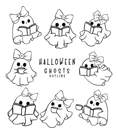adorable pink Halloween ghosts in a retro, kawaii cartoon doodle outline style collection. Perfect for t-shirt designs, greeting card and festive decorations.のイラスト素材