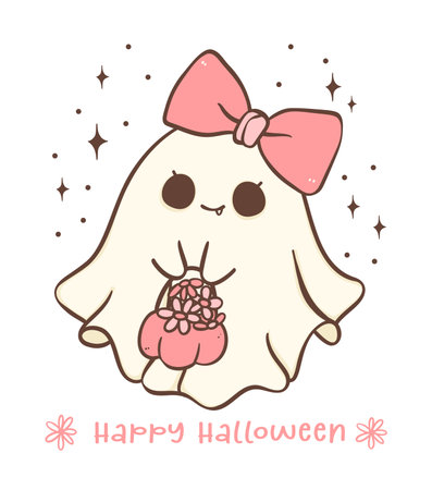 Cute and spooky pink Halloween ghost girl with bow  cartoon doodle illustration. Kawaii cartoon doodle is perfect for decorating your home, blog, or social media, Halloween greeting cards or invitations.のイラスト素材