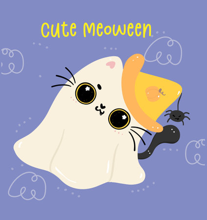 Cute Black cat Halloween Ghost with spider cartoon. Mischievous kitty animal illustration. Perfect for adding a whimsical touch to project.のイラスト素材