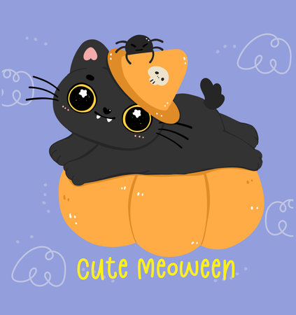 Cute Black cat Halloween witch on pumpkin cartoon. Mischievous kitty animal illustration. Perfect for adding a whimsical touch to project.のイラスト素材