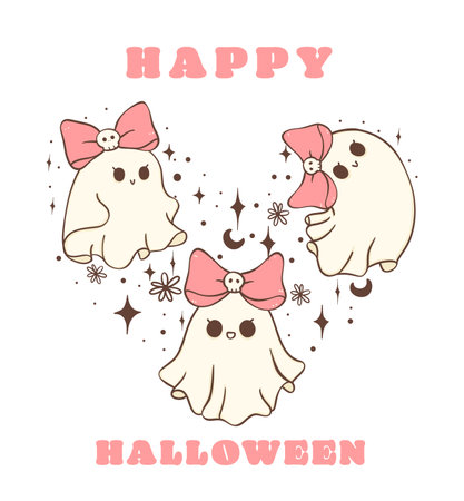adorable group of pink Halloween ghosts forming a heart shape in a retro, kawaii cartoon style. Perfect for t-shirt designs, greeting card and festive decorations.のイラスト素材