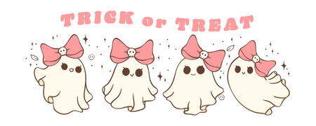 Halloween with this cute and spooky pink ghost illustration. Kawaii cartoon doodle is perfect for decorating your home, blog, or social media, Halloween greeting cards or invitations.のイラスト素材