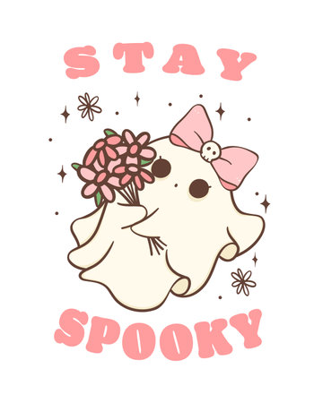 Cute and spooky pink Halloween ghost girl with bow  cartoon doodle illustration. Kawaii cartoon doodle is perfect for decorating your home, blog, or social media, Halloween greeting cards or invitations.のイラスト素材