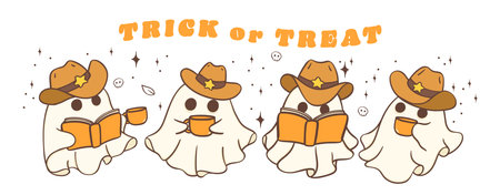 Adorable kawaii cartoon doodle banner of Halloween ghosts with coffee. Perfect for Halloween decorations, invitations, and more!のイラスト素材
