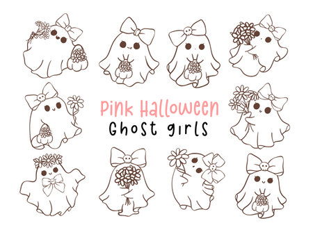 Set of cute pink Halloween ghost girl with flowers cartoon outline doodle illustration. Kawaii cartoon doodle is perfect for decorating your home, blog, or social media, Halloween greeting cards or invitations.のイラスト素材