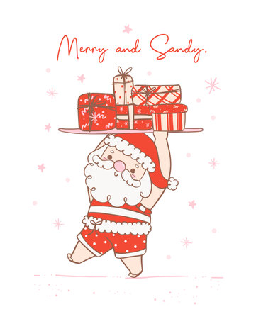 Cute summer christmas santa claus with gifts on surfboard, delivering presents with a heartwarming smile. Kawaii joyful Holiday Cartoon doodle hand drawing. Idea for greeting card, invitations, and more.のイラスト素材