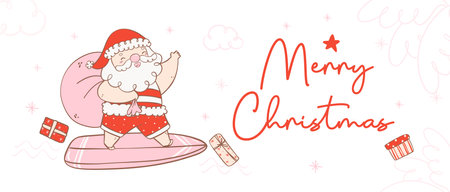 Cute summer christmas santa claus surfing with gifts, delivering presents with a heartwarming smile. Kawaii joyful Holiday Cartoon doodle hand drawing. Idea for greeting card, invitations, and more.のイラスト素材