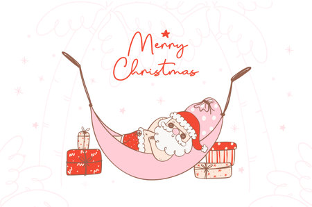 Cute summer christmas santa claus with gofts on a hammock, Kawaii joyful Holiday Cartoon doodle hand drawing. Idea for greeting card, invitations, and more.のイラスト素材