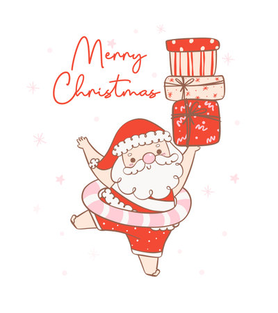 Cute summer christmas santa claus with gifts delivery gifts with a heartwarming smile. Kawaii joyful Holiday Cartoon doodle hand drawing. Idea for greeting card, invitations, and more.のイラスト素材