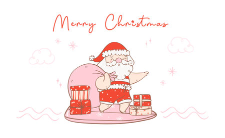 Cute summer christmas santa claus surfing with gifts, delivering presents with a heartwarming smile. Kawaii joyful Holiday Cartoon doodle hand drawing. Idea for greeting card, invitations, and more.のイラスト素材