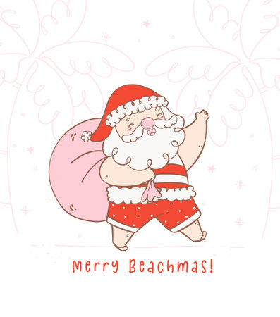 Cute summer christmas santa claus with sack, delivery gifts with a heartwarming smile. Kawaii joyful Holiday Cartoon doodle hand drawing. Idea for greeting card, invitations, and more.のイラスト素材