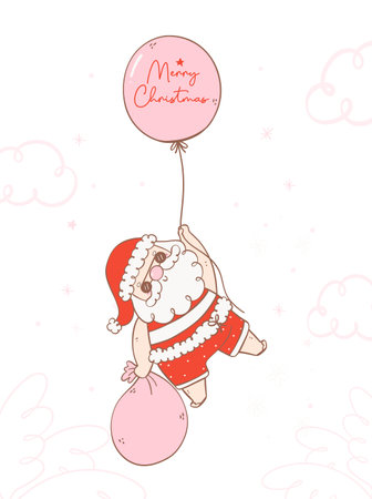Cute summer christmas santa claus with balloon, Kawaii joyful heart warming Holiday Cartoon doodle hand drawing. Idea for greeting card, invitations, and more.のイラスト素材