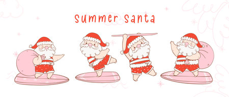 Cute summer christmas santa claus with surfboard collection, Kawaii joyful Holiday Cartoon doodle hand drawing banner. Idea for greeting card, invitations, and more.のイラスト素材