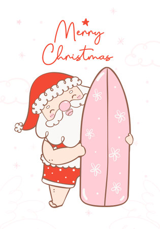 Cute happy summer christmas santa claus with surfboard with heart warming smile. Kawaii joyful Holiday Cartoon doodle hand drawing. Idea for greeting card, invitations, and more.のイラスト素材