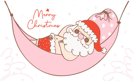 Cute happy summer christmas santa claus sunbathing in hammock. Kawaii joyful Holiday Cartoon doodle hand drawing. Idea for greeting card, invitations, and more.のイラスト素材