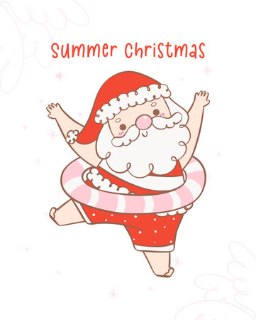Cute summer christmas santa claus in swim ring with a heartwarming smile. Kawaii joyful Holiday Cartoon doodle hand drawing. Idea for greeting card, invitations, and more.のイラスト素材