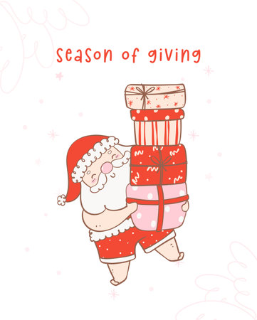 Cute summer christmas santa claus holding gifts with a heartwarming smile. Kawaii joyful Holiday Cartoon doodle hand drawing. Idea for greeting card, invitations, and more.のイラスト素材
