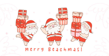 Cute summer christmas santa claus with gifts collection banner, Kawaii joyful Holiday Cartoon doodle hand drawing banner. Idea for greeting card, invitations, and more.のイラスト素材