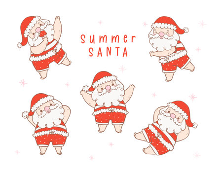 Cute summer christmas santa claus collection, Kawaii joyful heart warming Holiday Cartoon doodle hand drawing. Idea for greeting card, invitations, and more.のイラスト素材