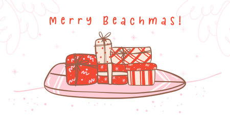 Joyful Summer Christmas with cute and kawaii doodle illustration featuring a pile of gifts on a surfboard. Perfect for holiday themed designs that capture the essence of the season in a whimsical and vibrant way.のイラスト素材