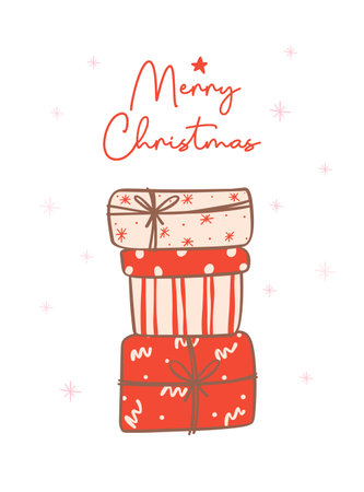 Joyful Christmas with cute and kawaii doodle illustration featuring a pile of gifts. Perfect for holiday themed designs that capture the essence of the season in a whimsical and vibrant way.のイラスト素材