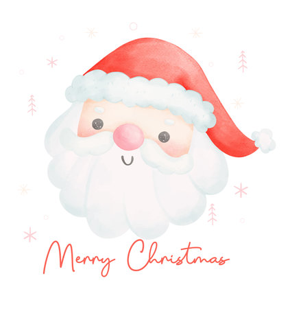 Cute Santa claus face, merry christmas cartoon watercolor character, Perfect for Christmas greeting cards and festive decorations.のイラスト素材