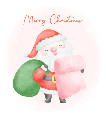 Cute Santa claus with gift sack cartoon watercolor character, Perfect for Christmas greeting cards and festive decorations.のイラスト素材