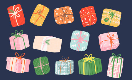 Christmas present set cheerful and colorful gift boxes. This collection captures the festive spirit with its vibrant colors and stylish design.のイラスト素材