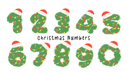 adorable Christmas numbers 0-9, featuring festive wreaths and Santa hats. These kid-friendly, playful designs are perfect for creating cheerful and joyful holiday decorations and materials.のイラスト素材