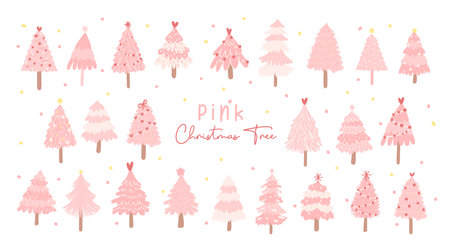 collection of pink Christmas trees in a festive flat design. These trees add a touch of joy and whimsy to your holiday-themed projects, making them vibrant and colorful.のイラスト素材