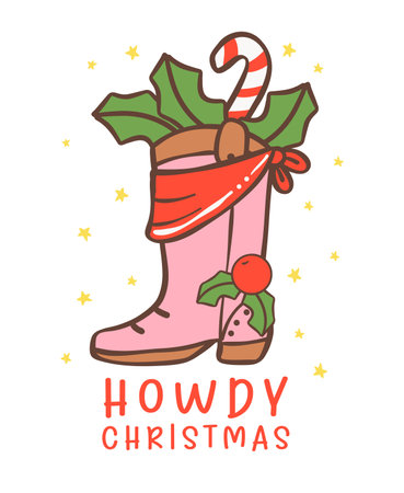 Cute Cowboy Christmas with Western Pink Boot hand drawing, perfect for your festive Christmas greetings. Ideal for cards, decor, and more.のイラスト素材