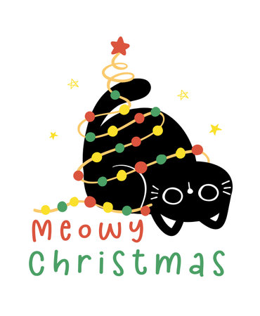 Cute Christmas Black Cats adorned with lights, Meowy Christmas, humor greeting card, Funny and Playful Cartoon Illustration.のイラスト素材