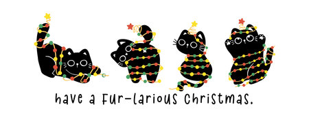 Group of Cute Christmas Black Cats adorned with lights, humor banner and greeting card, Funny and Playful Cartoon Illustration.のイラスト素材