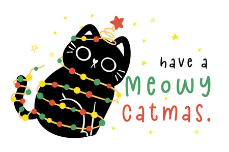 Cute Christmas Black Cat adorned with lights greeting card, Funny and Playful Cartoon Illustration.のイラスト素材
