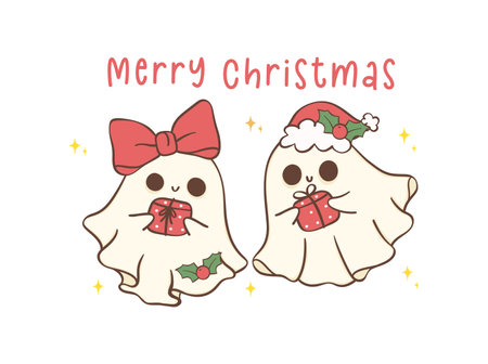 Cute and Kawaii Christmas Ghosts with gifts. Festive greeting card Holiday Cartoon Hand Drawing with adorable pose.のイラスト素材
