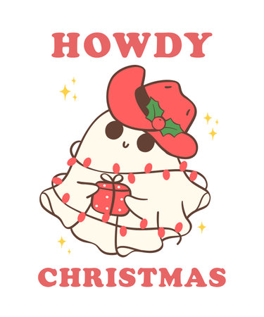 Cute and Kawaii Christmas Cowboy Ghost. Festive Holiday Cartoon Hand Drawing with Adorable Poseのイラスト素材