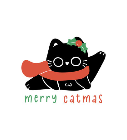 Cute Christmas Black Cat, merry catmas, humor greeting card, Funny and Playful Cartoon Illustration.のイラスト素材