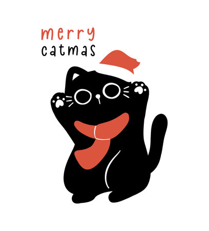 Cute Christmas Black Cat in red scarf, humor greeting card, Funny and Playful Cartoon Illustration.のイラスト素材
