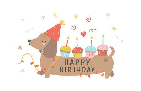 Cute Birthday Dachshund Dog Wearing Party Hat and having cupcakes. Kawaii greeting card cartoon hand drawing flat design graphic illustration.のイラスト素材