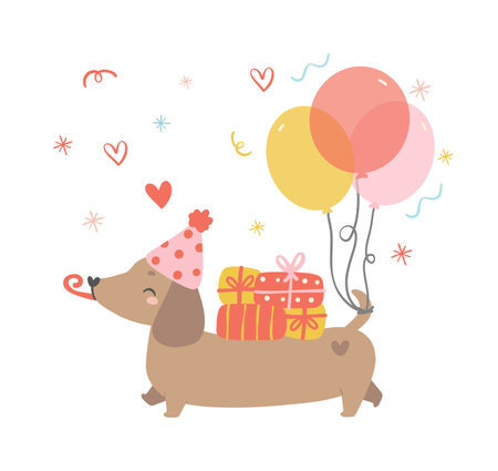 Cute Birthday Dachshund Dog Wearing Party Hat and having gift boxes, celebrating party. Kawaii greeting card cartoon hand drawing flat design graphic illustration.のイラスト素材