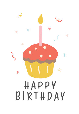 Cute Birthday card banner with vibrant colorful cupcake cake minimal. Kawaii greeting card cartoon hand drawing flat design graphic illustration.のイラスト素材