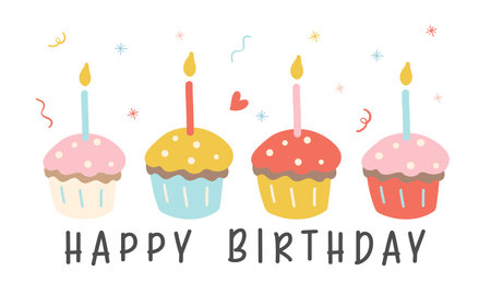 Cute Birthday card banner with vibrant colorful cupcake cake minimal. Kawaii greeting card cartoon...