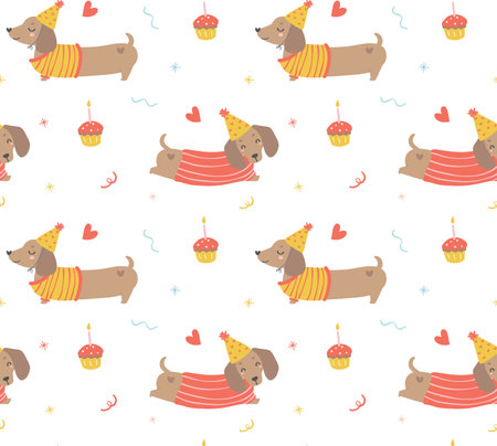Cute party dashchund sausage dog cartoon seamless pattern. Add a splash of color and festivity to your projects with this vibrant and trendy illustration that captures the essence of celebration and happiness.のイラスト素材