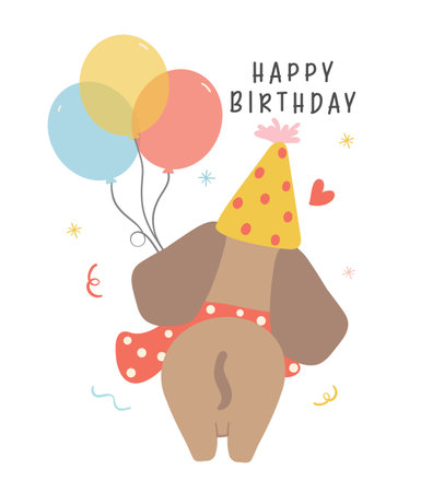 Cute Birthday card with Dachshund Dog Wearing Party Hat with balloons.  Kawaii greeting card cartoon hand drawing flat design graphic illustration.のイラスト素材