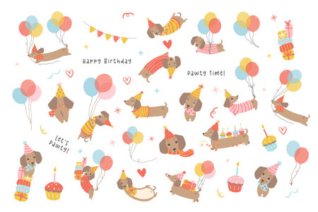 cute birthday Sausage dog dachshund puppy party cartoon illustration set.のイラスト素材