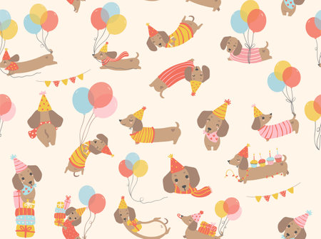 cute Birthday dog pattern seamless background with party dachshund sausage dog cartoon illustration.のイラスト素材