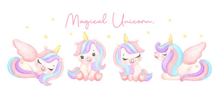 group of Cute unicorns watercolor banner, dreamy nursery Art illustration. Magical Unicorn.のイラスト素材