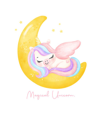 Cute unicorn sleeping on crescent moon watercolor nursery Art illustration. Magical Unicorn.のイラスト素材