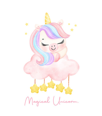 Cute unicorn sleeping on cloud watercolor dreamy nursery Art illustration. Magical Unicorn.のイラスト素材
