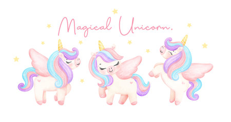 group of Cute unicorns watercolor banner, dreamy nursery Art illustration. Magical Unicorn.のイラスト素材